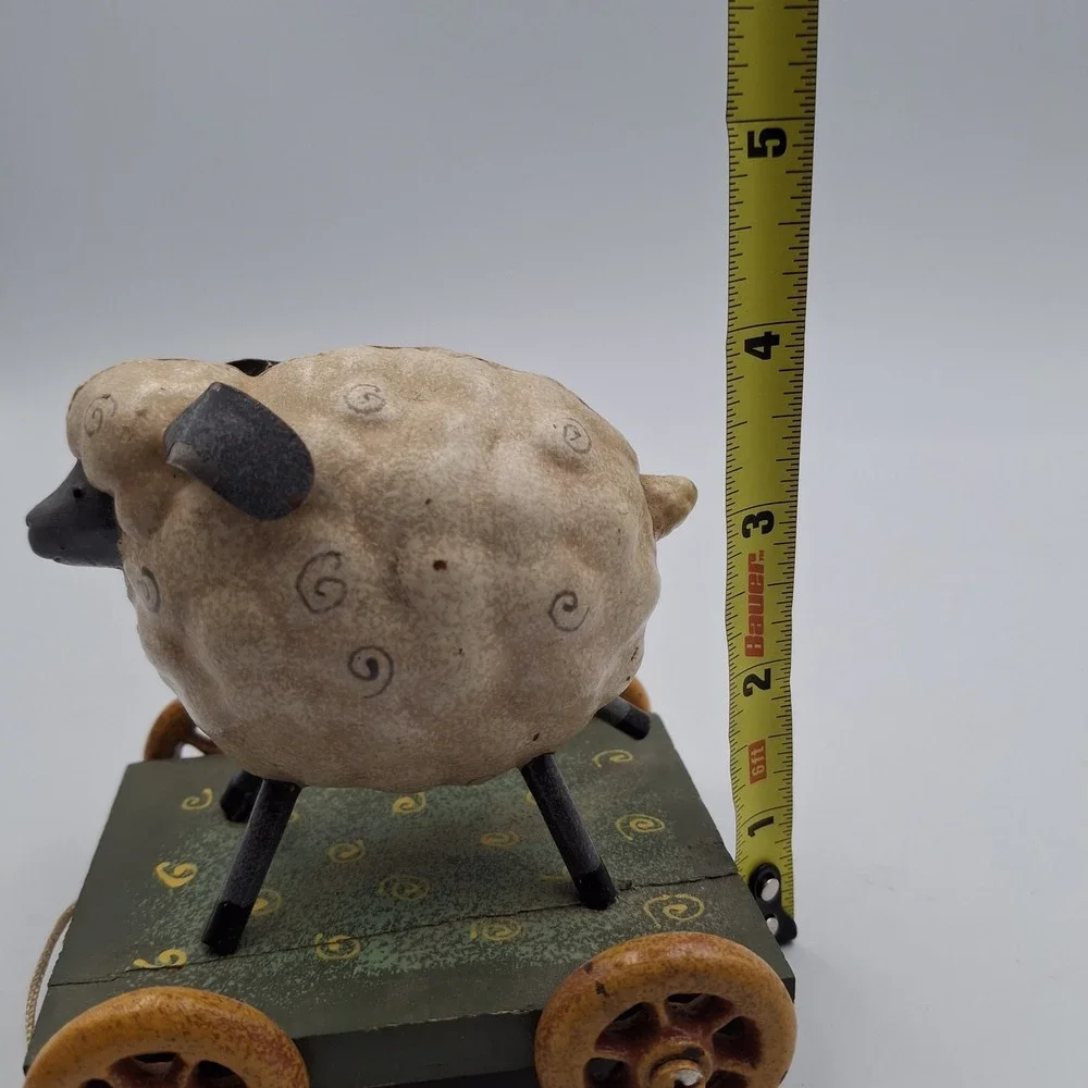 Primitive Folk Art Sheep Pull Toy Figurine Vintage Style Lamb on Wheels Decor